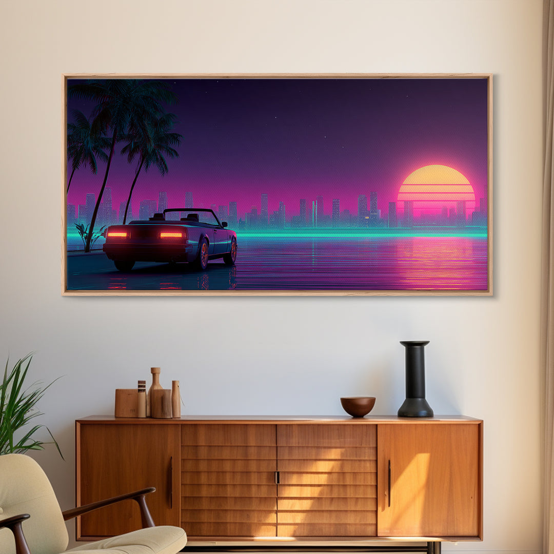 Retro Futuristic Cityscape With Classic Car Neon Colors Digital Art Canvas Print For Living Room Wall Art