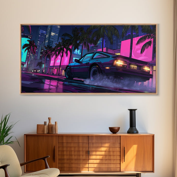 Retro Futurism DeLorean Car In Neon Cityscape Night Urban Wall Art Modern Canvas Print For Office Decor