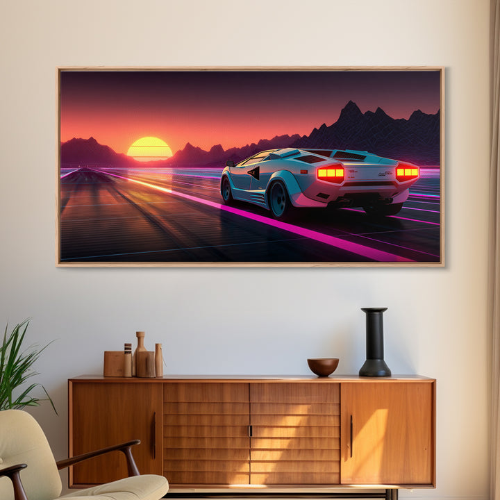 Retro Futuristic Sunset With Sports Car Driving Down Neon Highway Wall Art Print Modern Home Decor Canvas