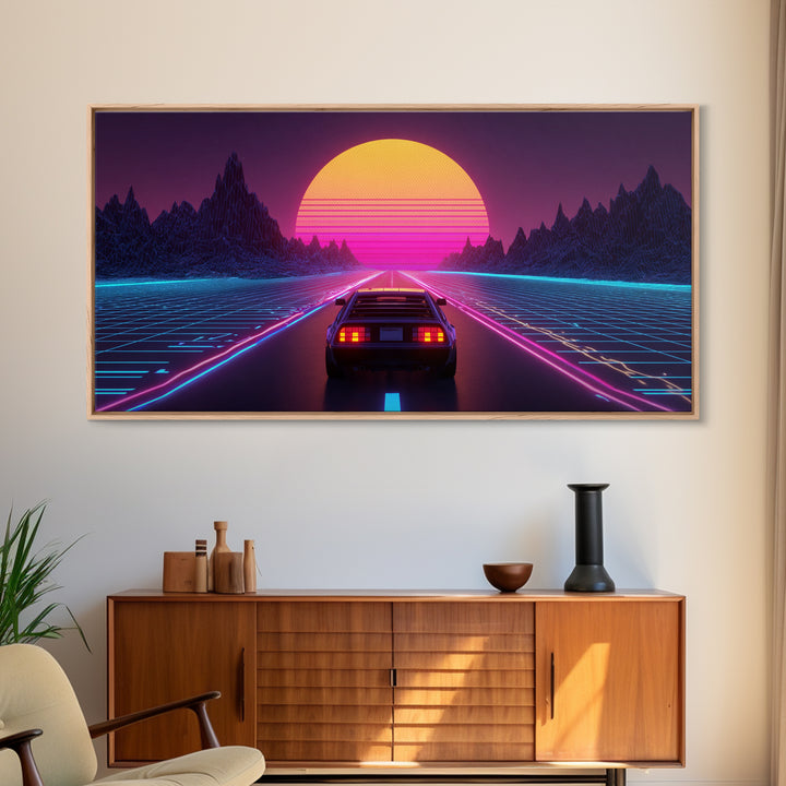 Retro Futuristic DeLorean Car Driving Toward Neon Digital Sun Synthwave Landscape Canvas Print Modern Wall Art For Office Decor