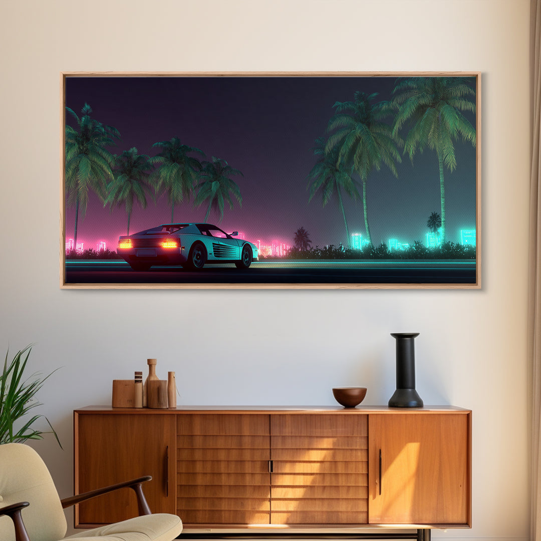 Retro Futuristic Car Neon Night Scene With Palm Trees And City Lights Canvas Print Modern Wall Art For Living Room Decor