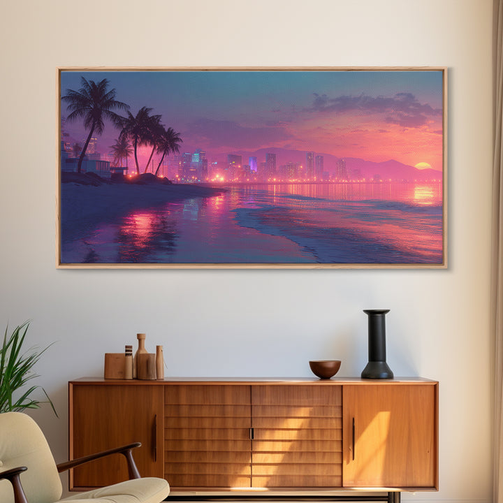 Beautiful Tropical Sunset Over Water With Palm Trees Vibrant Landscape Painting Wall Art Canvas Print