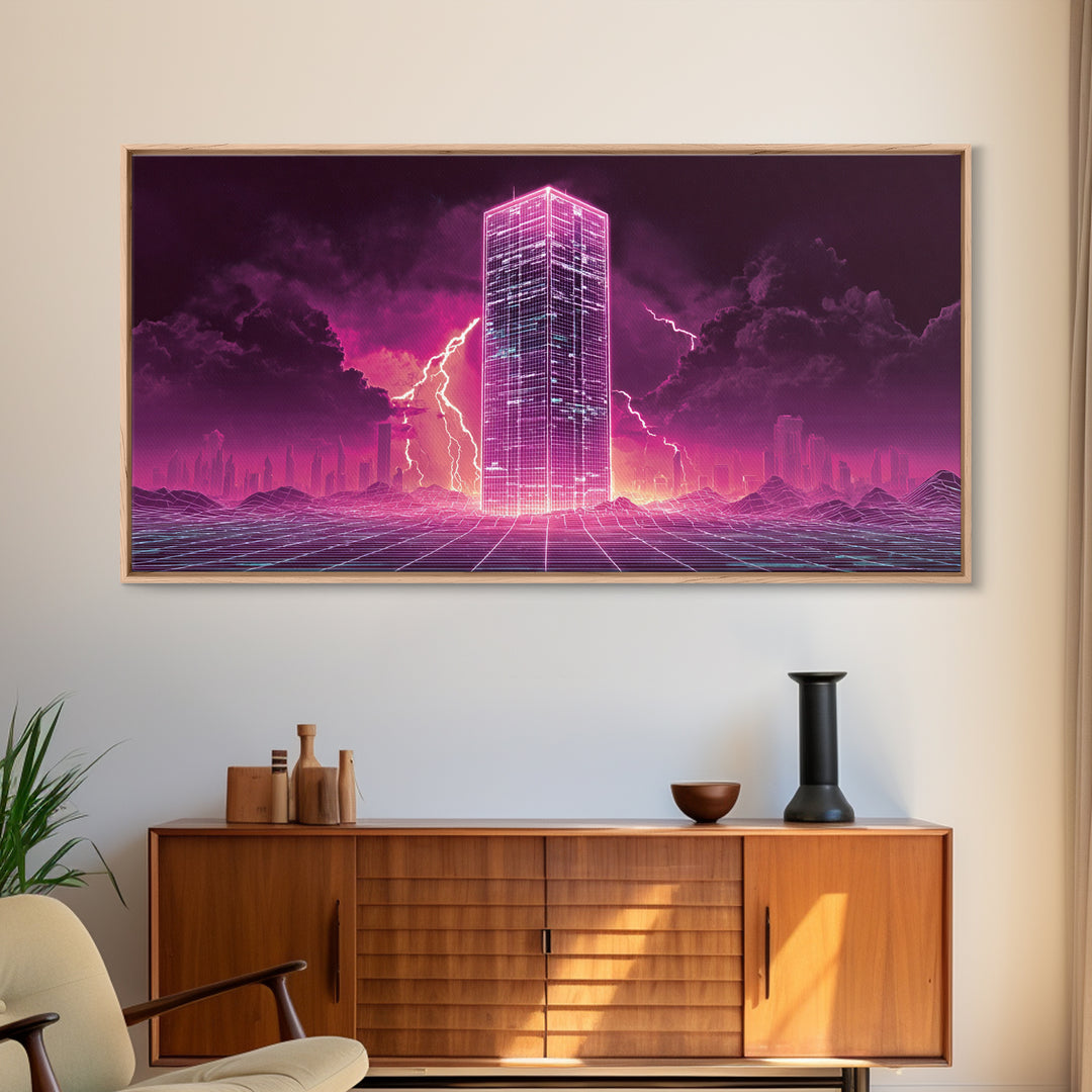 Vibrant Cyberpunk Neon Cityscape With Lightning Night Sky Retro Futuristic Wall Art High Quality Canvas Print