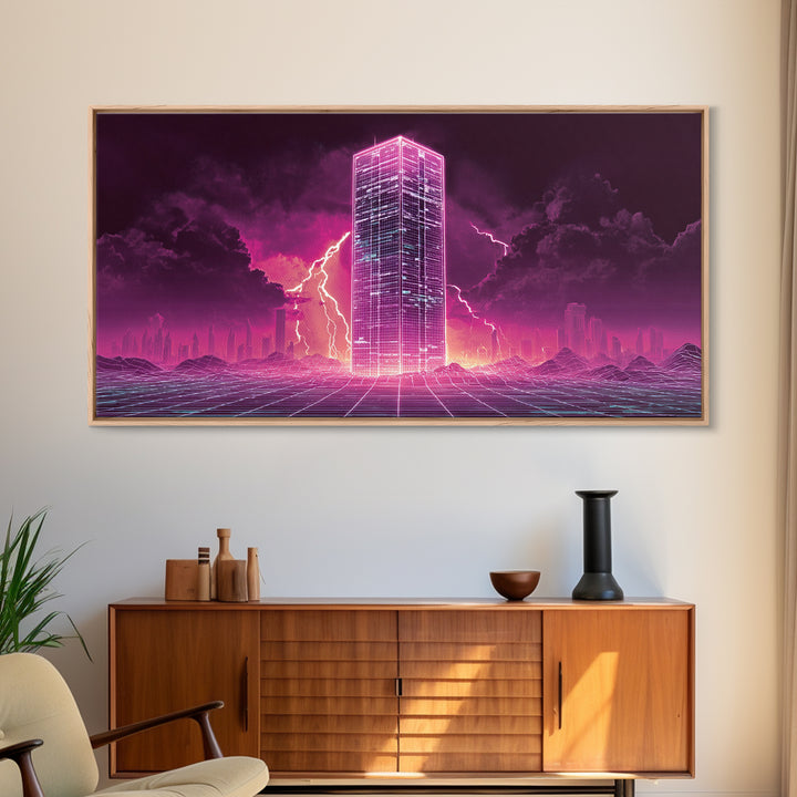 Vibrant Cyberpunk Neon Cityscape With Lightning Night Sky Retro Futuristic Wall Art High Quality Canvas Print