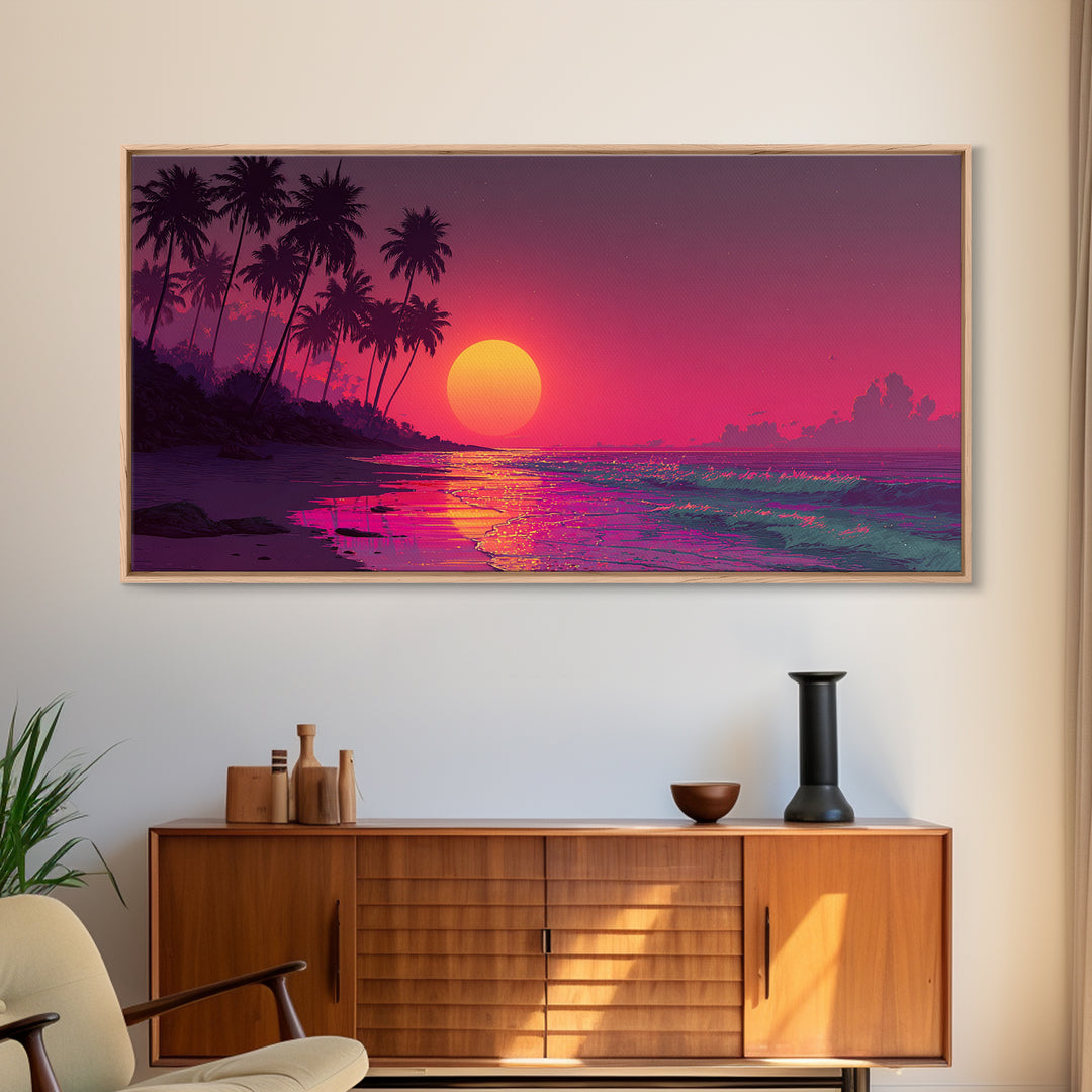 Vibrant Tropical Sunset Over Ocean With Palm Trees Canvas Print Coastal Wall Art Large Contemporary Wall Art For Beach House