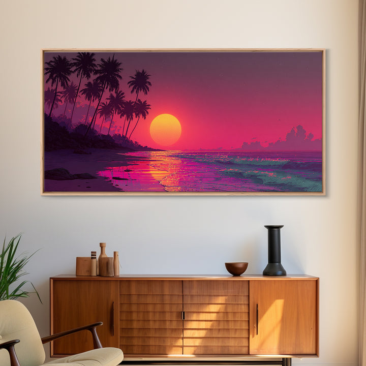Vibrant Tropical Sunset Over Ocean With Palm Trees Canvas Print Coastal Wall Art Large Contemporary Wall Art For Beach House