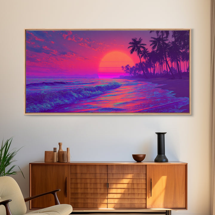 Vibrant Neon Sunset Beach Scene Wall Art With Palm Trees And Pink Purple Sky Canvas Print For Tropical Home Decor