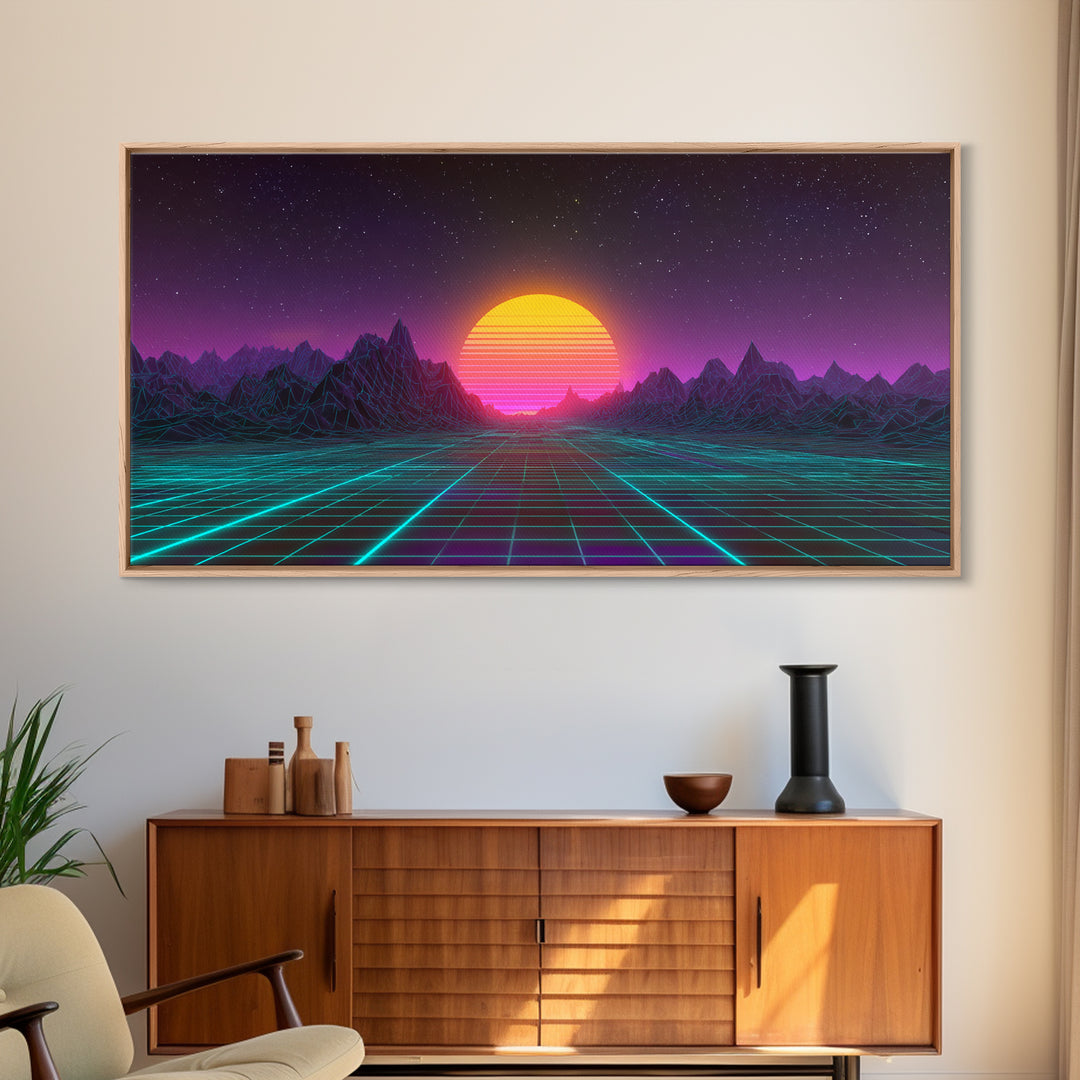 Retro Futuristic Neon Sunrise Over Wireframe Mountain Landscape Digital Artwork Canvas Print Wall Art for Modern Room Decor