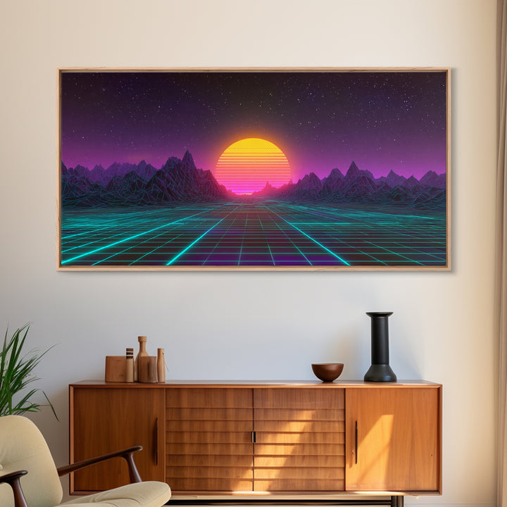 Retro Futuristic Neon Sunrise Over Wireframe Mountain Landscape Digital Artwork Canvas Print Wall Art for Modern Room Decor