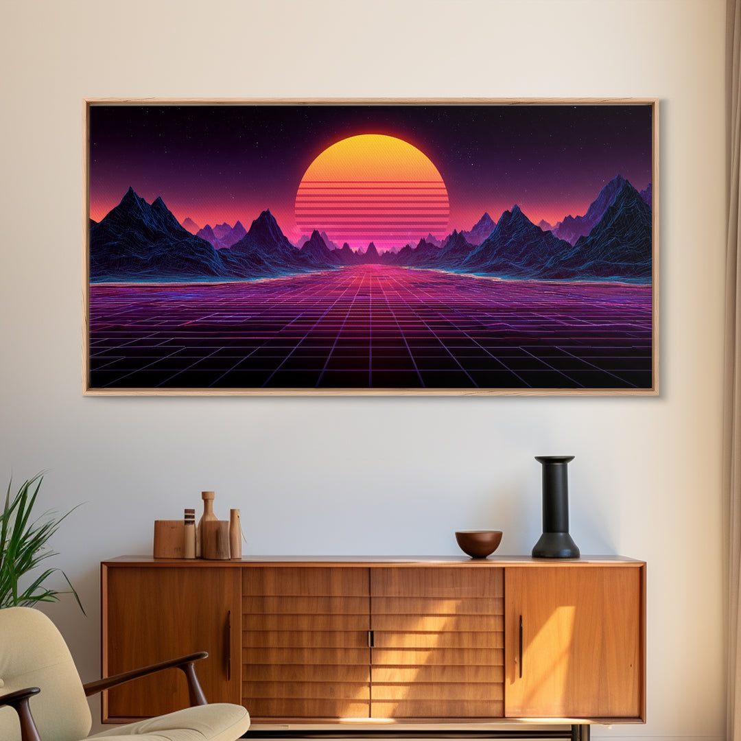 Retro Futuristic Synthwave Landscape With Neon Sun Canvas Print Wall Art For Modern Aesthetic Decor