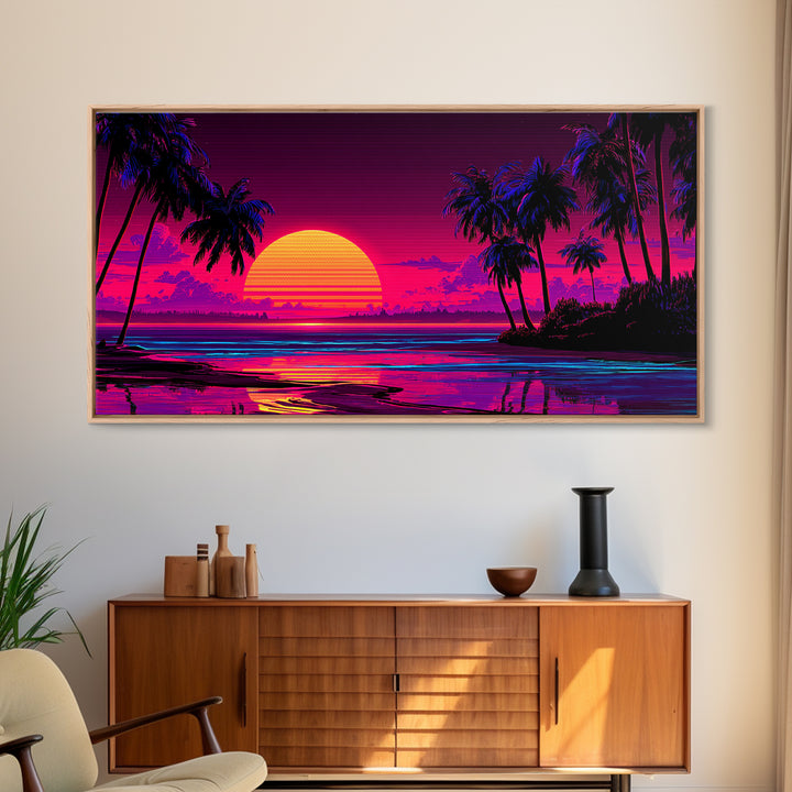80s Retro Sunset Over Tropical Beach With Palm Trees Vibrant Neon Colors Canvas Print Framed Wall Art Large Wall Art For Living Room