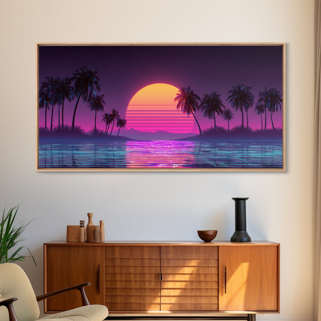 Retro Sunset Beach Scene With Palm Trees And Reflective Water Canvas Print Vibrant Coastal Wall Art