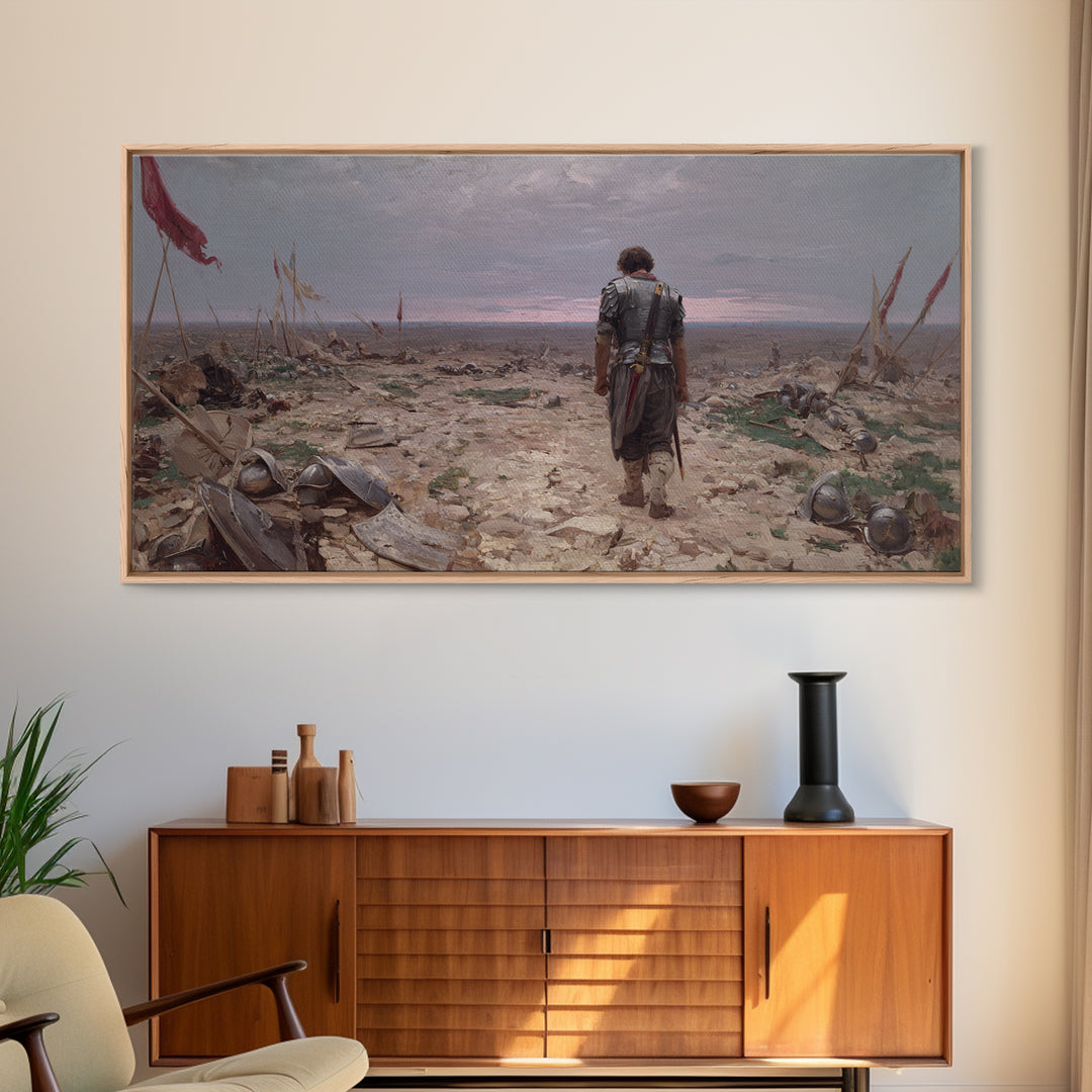Lone Knight Walking Through Battlefield Wall Art, Medieval Landscape Canvas Print, Dark Academia Office Decor, Gift For Him