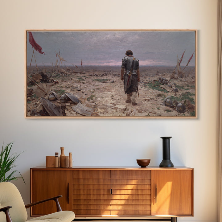 Lone Knight Walking Through Battlefield Wall Art, Medieval Landscape Canvas Print, Dark Academia Office Decor, Gift For Him