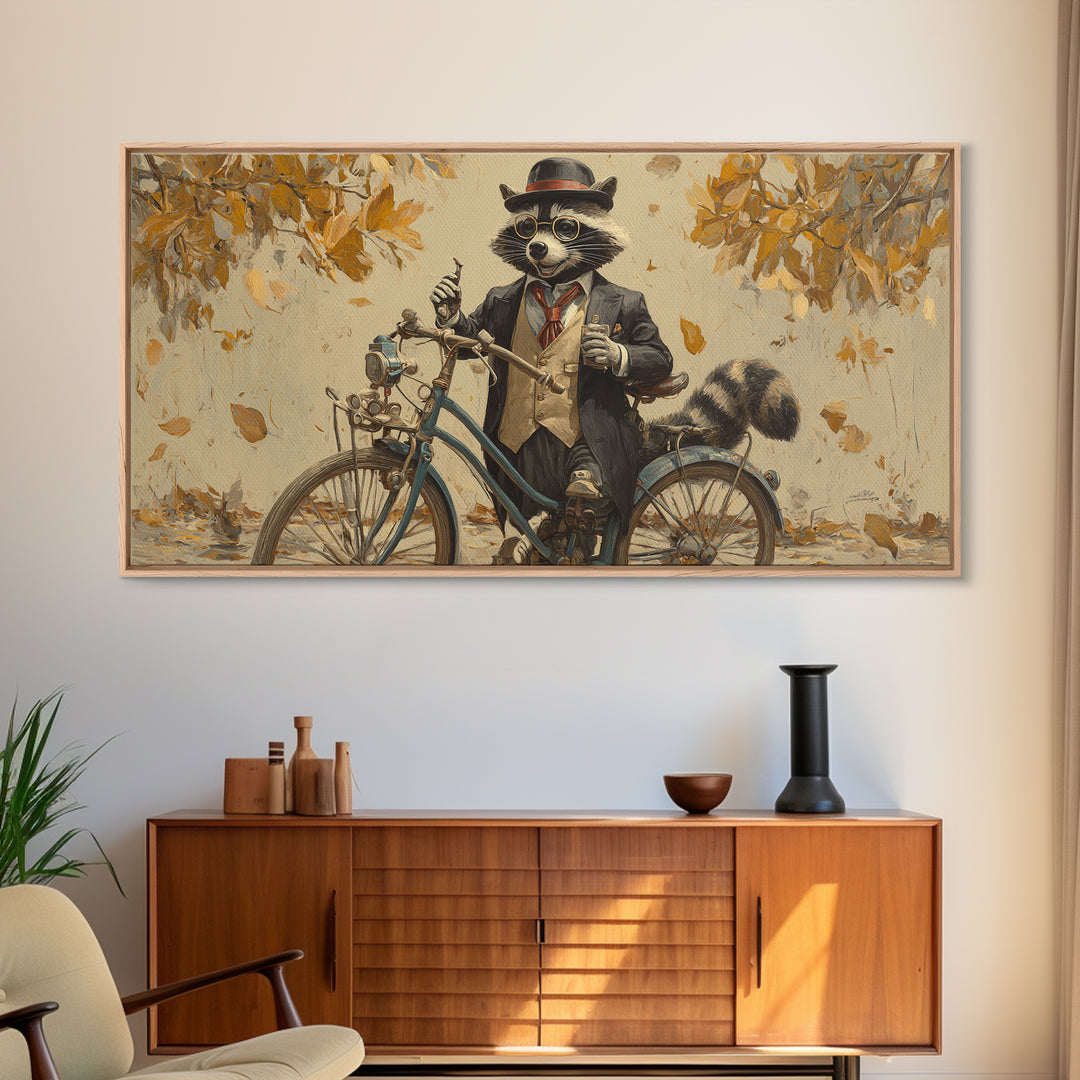 Raccoon Riding Bicycle In Autumn Leaves Wall Art, Whimsical Animal Decor, Funny Woodland Nursery Art, Gift For Her, Kids Room Decor