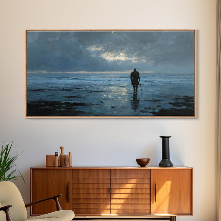 Lone Warrior Wading Through Blue Seascape Wall Art, Moody Ocean Canvas Print For Bedroom Decor And Masculine Office Decor