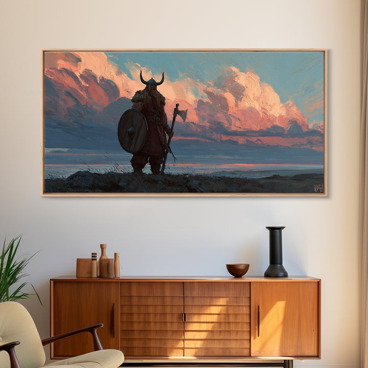 Horned Viking At Sunset Over Fjord Canvas Print, Nordic Landscape Wall Decor, Western Rustic Home Decor, Masculine Art Gift