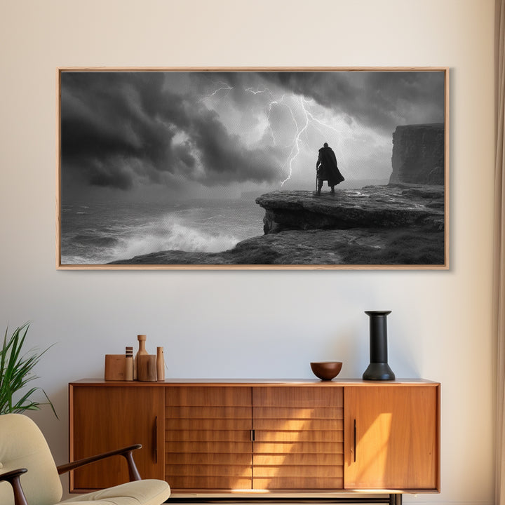 Dark Warrior On Stormy Sea Cliff Wall Art, Black And White Art, Gothic Wall Art, Moody Seascape, Masculine Office Decor