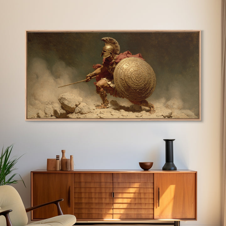 Golden Spartan Warrior With Round Shield Canvas Print, Ancient Greek Wall Art, Mythological Battle Decor For Masculine Office