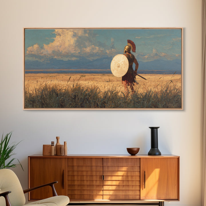 Spartan Warrior In Golden Field Framed Canvas Print, Ancient Greek Landscape Wall Decor, Historical Wall Art For Home Decor