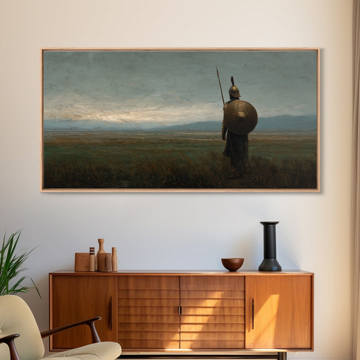 Ancient Shield Warrior In Quiet Field Wall Art Historical Landscape Painting, Greek Soldier Canvas Print For Office Decor