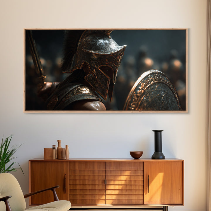 Bronze Spartan Soldier With Shield Framed Canvas Print, Ancient Greek Wall Art, Gladiator Decor, Masculine Office Poster