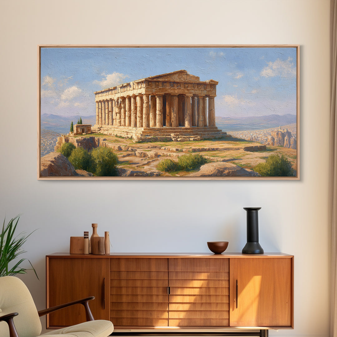 Sunlit Greek Temple Parthenon Wall Art, Ancient Architecture Painting, Mediterranean Landscape, Classic Home Decor Print