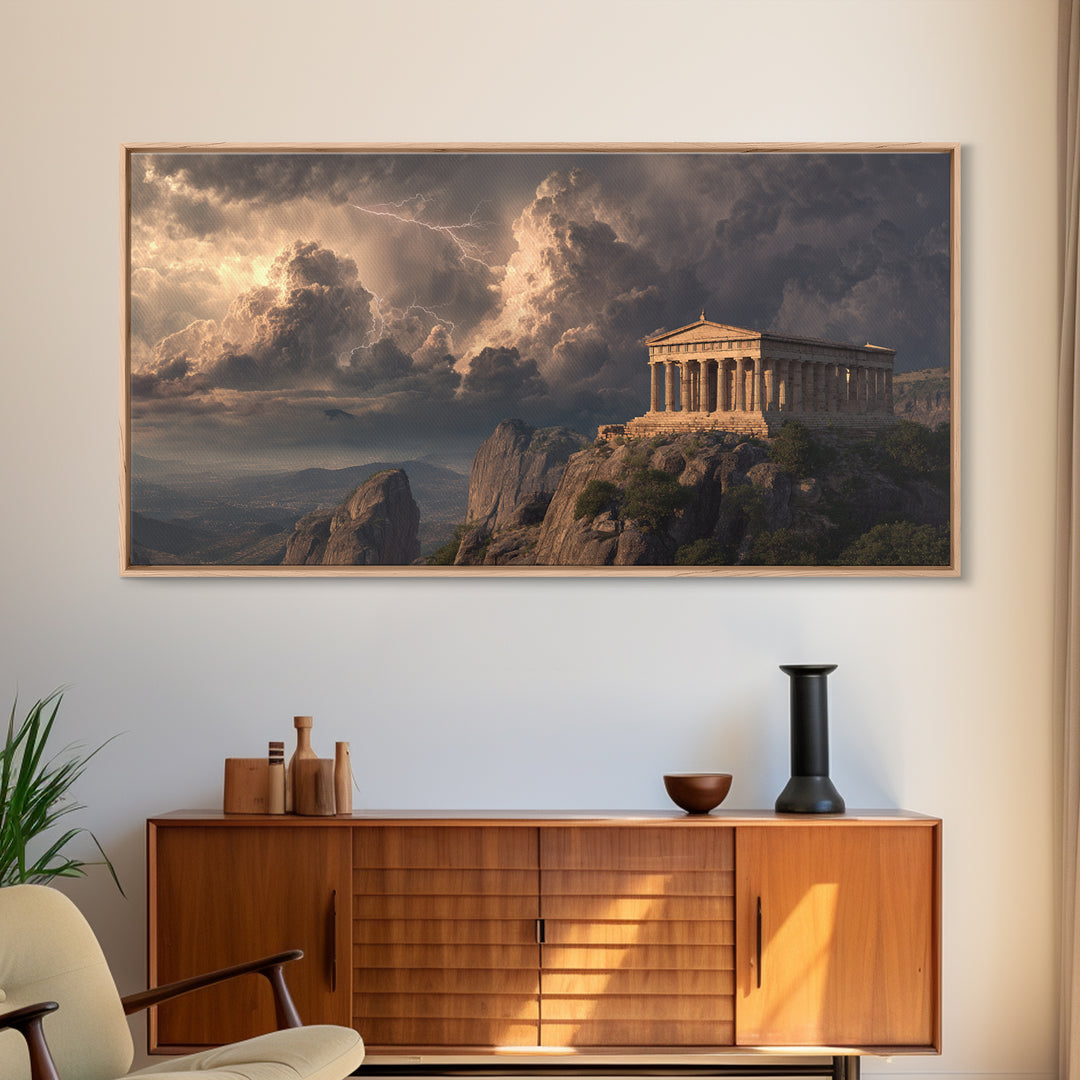 Ancient Greek Temple Storm Over Mountain Cliffs Wall Art, Mythological Landscape, Greece Decor, Dramatic Fine Art Print Poster
