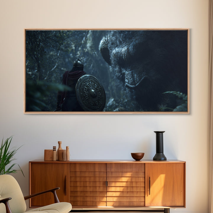 Armored Warrior Facing Giant Forest Bear Framed Canvas Print, Fantasy Art, Animal Wall Art, Dark Wall Art, Unique Gift, Home Decor