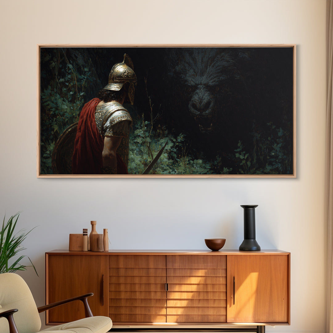 Dark Warrior Facing Bear Framed Canvas Print, Mythic Fantasy Wall Art, Gothic Forest Living Room Decor, Gift For Him, Man Cave