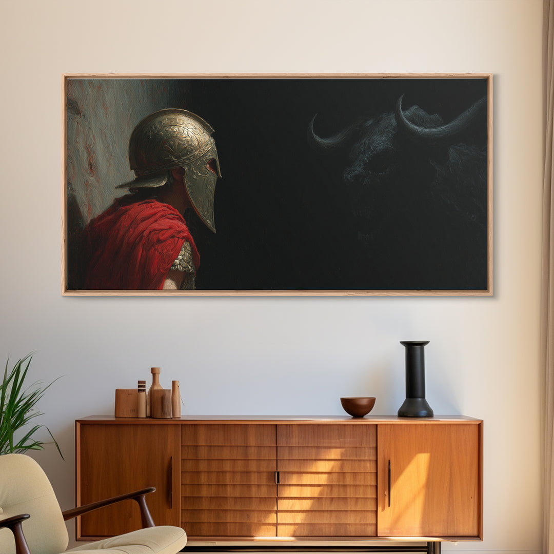 Helmeted Hero Facing Shadow Bull Framed Canvas Print, Mythological Wall Art, Dark Fantasy Decor, Greek Myth Gift For Him