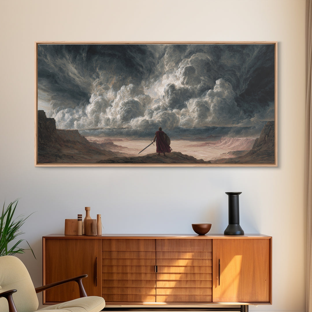 Solitary Warrior Beneath Apocalyptic Storm Canvas Print, Epic Fantasy Wall Art, Dramatic Landscape Decor For Living Room