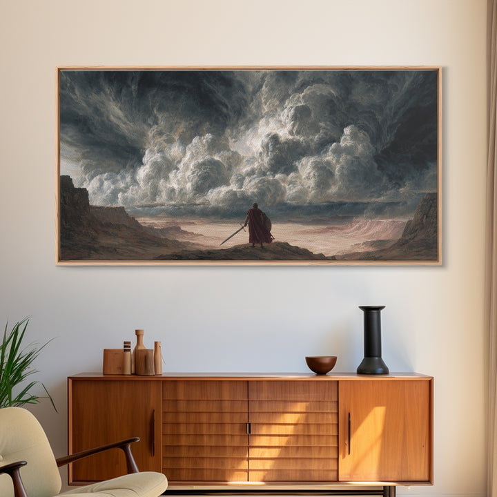 Solitary Warrior Beneath Apocalyptic Storm Canvas Print, Epic Fantasy Wall Art, Dramatic Landscape Decor For Living Room