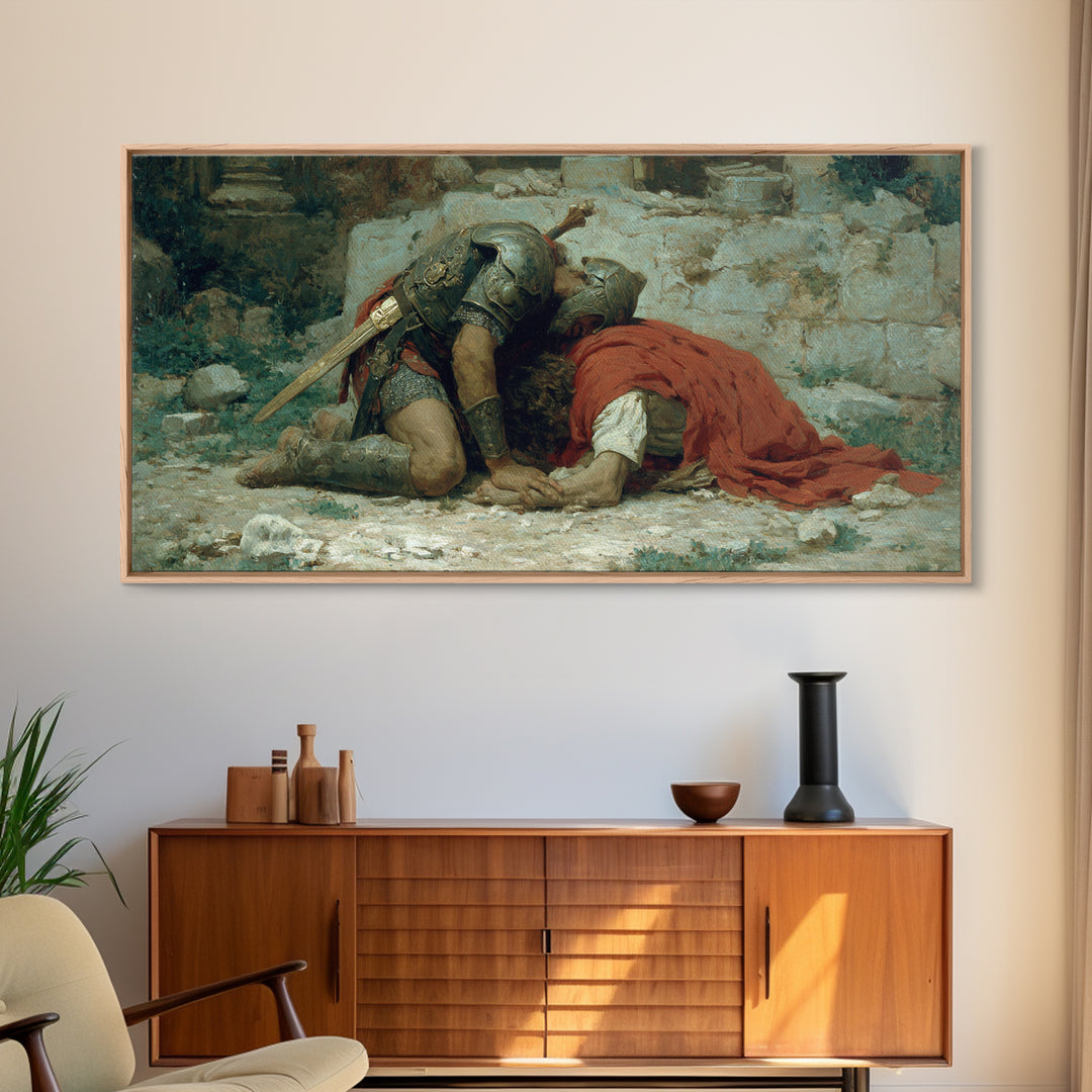 Fallen Knight Mourning In Ruins Wall Art, Medieval Tragedy Canvas Print, Historical Warrior Decor For Living Room And Office