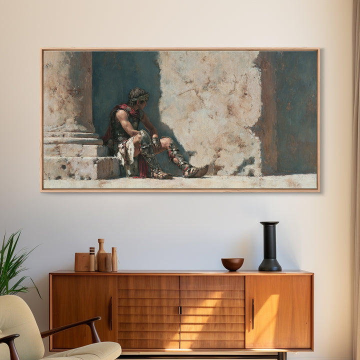 Resting Roman Gladiator In Sunlit Stone Hall Wall Art, Historical Warrior Framed Canvas Print For Classical Home Decor Gift
