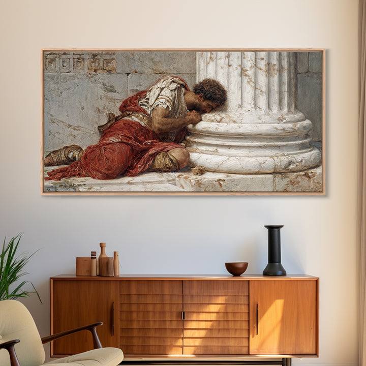 Wounded Roman By Marble Column Framed Canvas Print, Classical History Wall Art, Dark Academia Decor, Ancient Rome Artwork