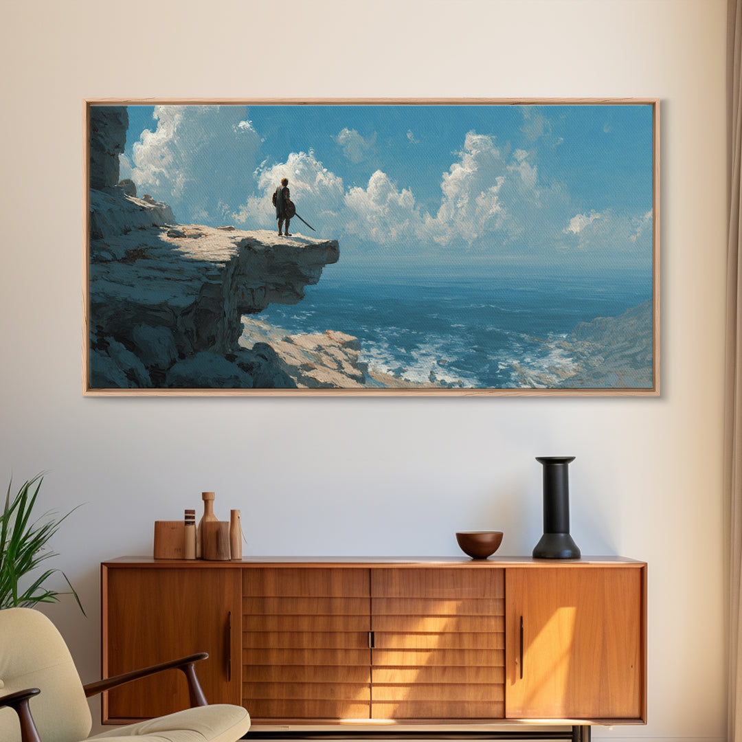 Heroic Warrior Facing Ocean Cliffs Under Cloudscape Landscape Wall Art Canvas Print Epic Adventure Outdoor Painting Decor