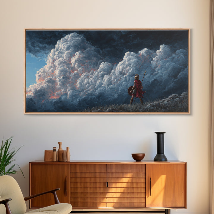 Small Warrior Before Towering Storm Clouds Wall Art, Dramatic Fantasy Canvas Print For Kids Room Decor And Moody Home Decor