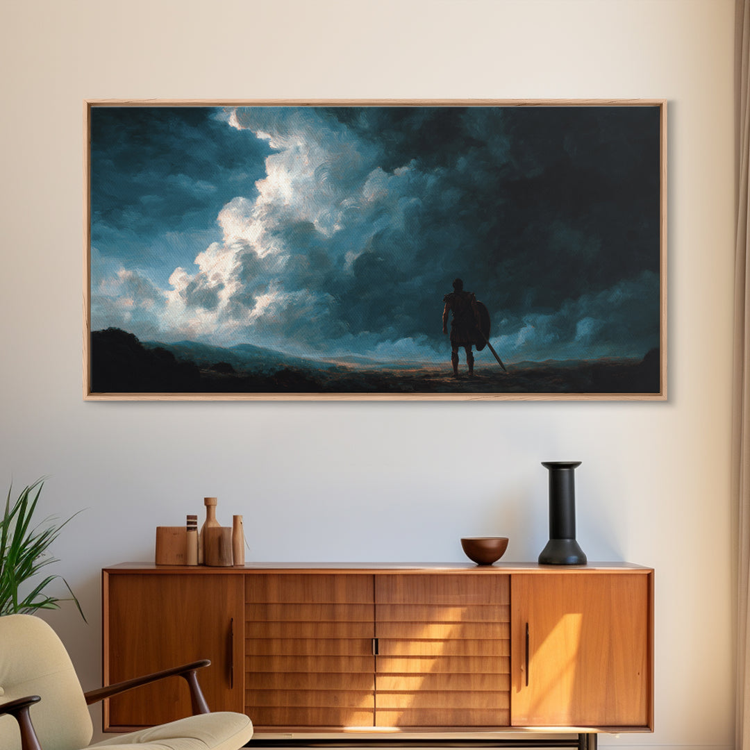 Lone Warrior Beneath Storm Clouds Canvas Print, Moody Landscape Wall Art, Dark Fantasy Decor, Masculine Office Art, Gift For Him