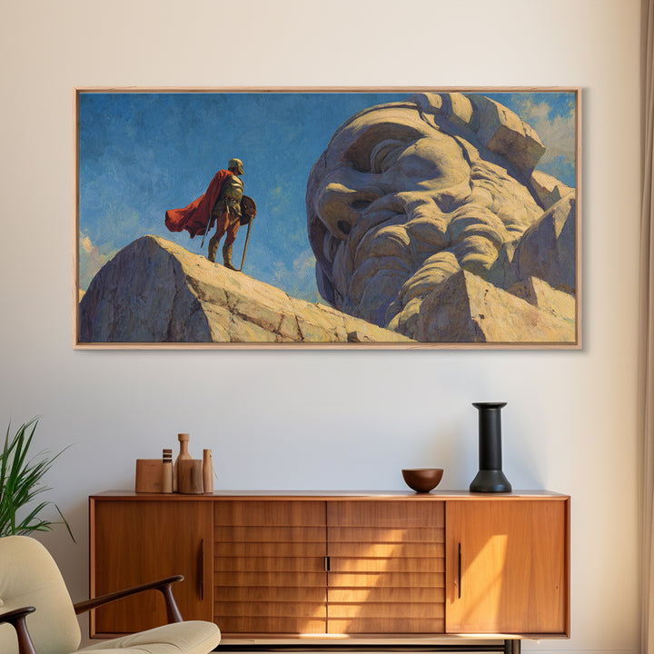 Knight Beside Giant Ancient Statue Wall Art, Epic Fantasy Landscape, Medieval Canvas Decor, Dramatic Office Art Print For Living Room