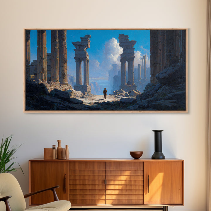 Ancient Ruins With Lone Wanderer Wall Art, Fantasy Landscape Print, Epic Temple Decor, Blue Adventure Canvas, For Living Room Decor
