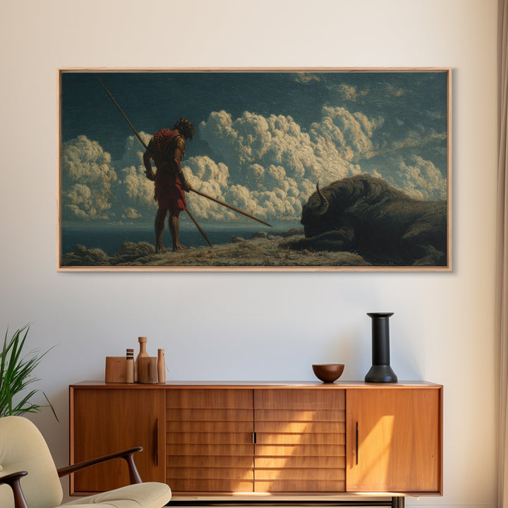 Ancient Spear Hunter And Bison Wall Art, Mythological Warrior Painting, Rustic Wildlife Decor, Epic Fantasy Home Decor Gift