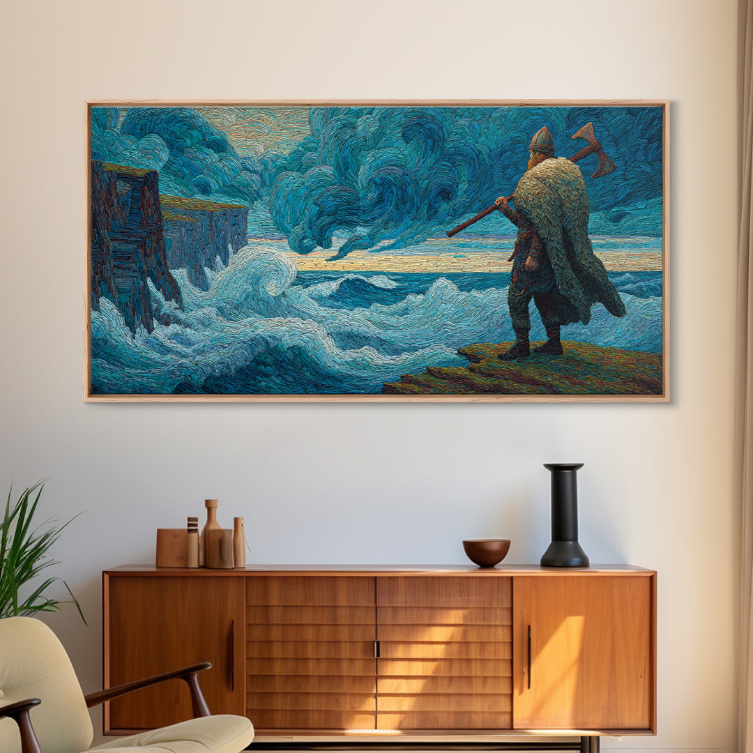 Viking Warrior Facing Blue Storm Waves Wall Art, Nautical Art, Fantasy Art, Textured Wall Art, Ocean Wall Art, Coastal Decor