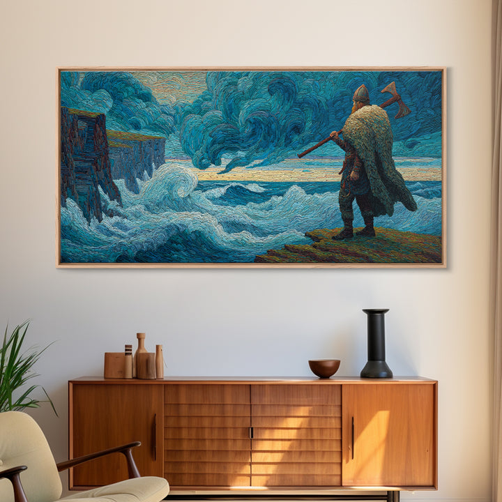 Viking Warrior Facing Blue Storm Waves Wall Art, Nautical Art, Fantasy Art, Textured Wall Art, Ocean Wall Art, Coastal Decor