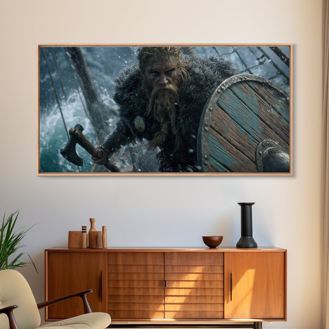 Dramatic Viking Warrior With Beard Holding Axe And Wooden Shield Battle Scene Wall Art Canvas Print