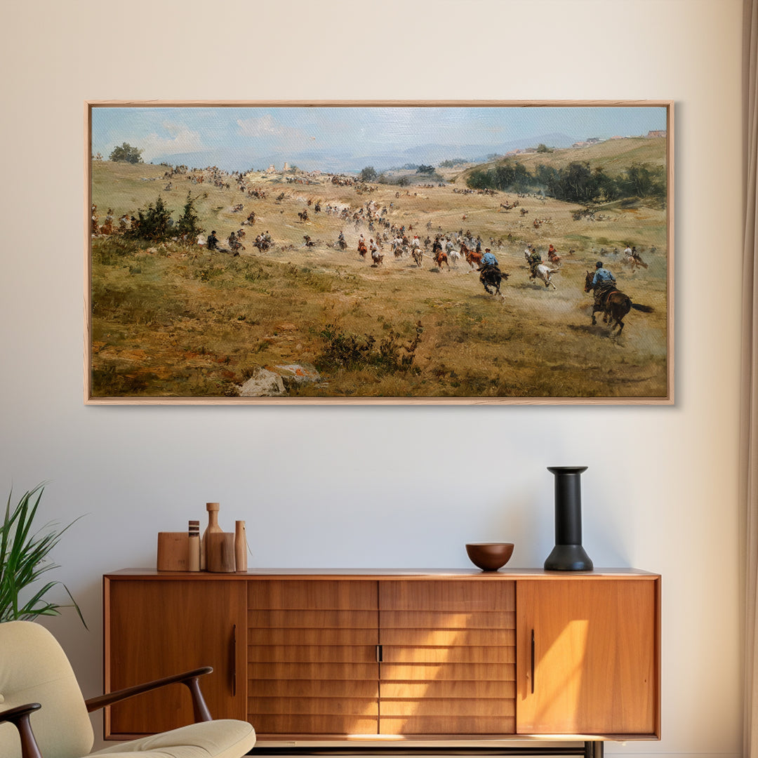 Cavalry Charge Across Rolling Hills Wall Art, Historical Battle Canvas Print For Rustic Living Room Decor And Office Decor
