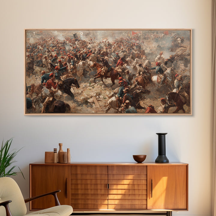 Panoramic Cavalry Charge In Dusty Battle Wall Art, Historic War Canvas Print, Large Living Room Decor, Equestrian Art Print