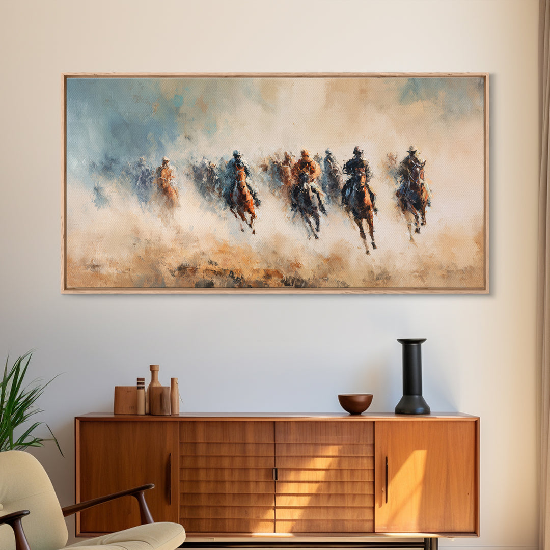 Galloping Horse Riders In Dust Canvas Print, Western Wall Art, Abstract Landscape, Rustic Ranch Decor, Gift For Horse Lover