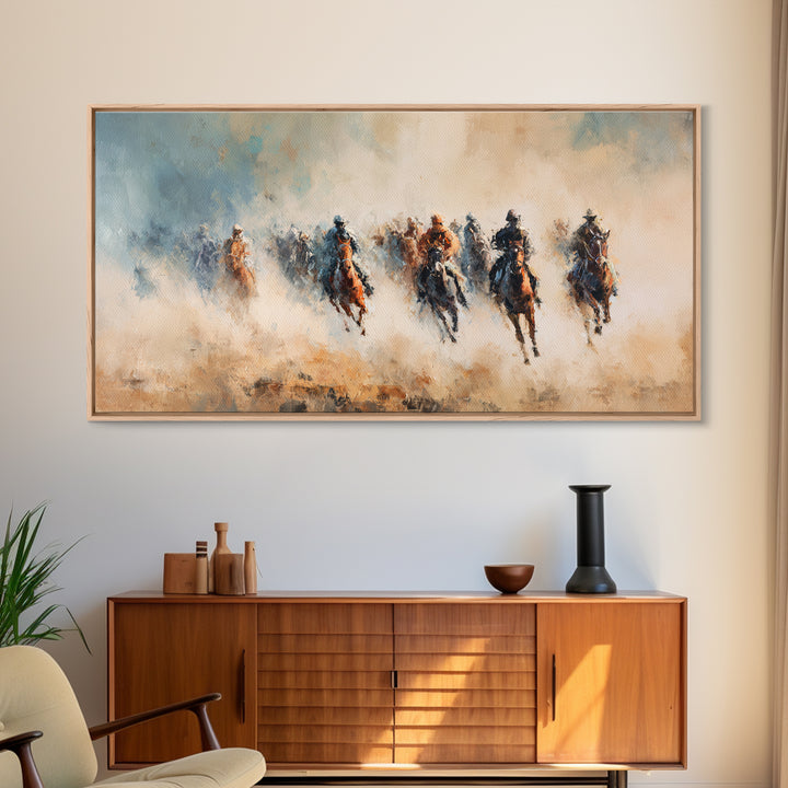 Galloping Horse Riders In Dust Canvas Print, Western Wall Art, Abstract Landscape, Rustic Ranch Decor, Gift For Horse Lover