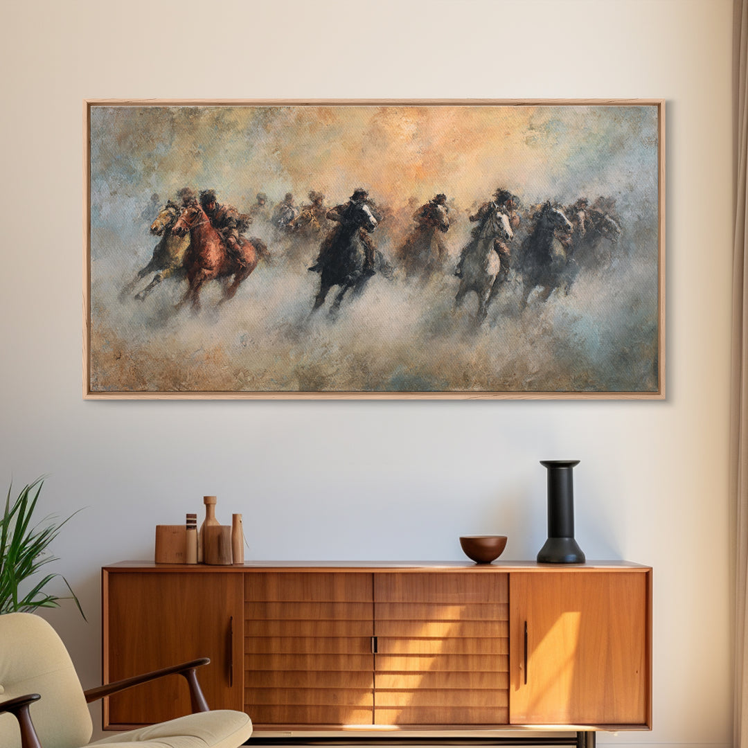 Galloping Horses In Dust Canvas Print, Equestrian Wall Art, Western Horse Racing Decor, Rustic Living Room Decor, Gift For Horse Lover